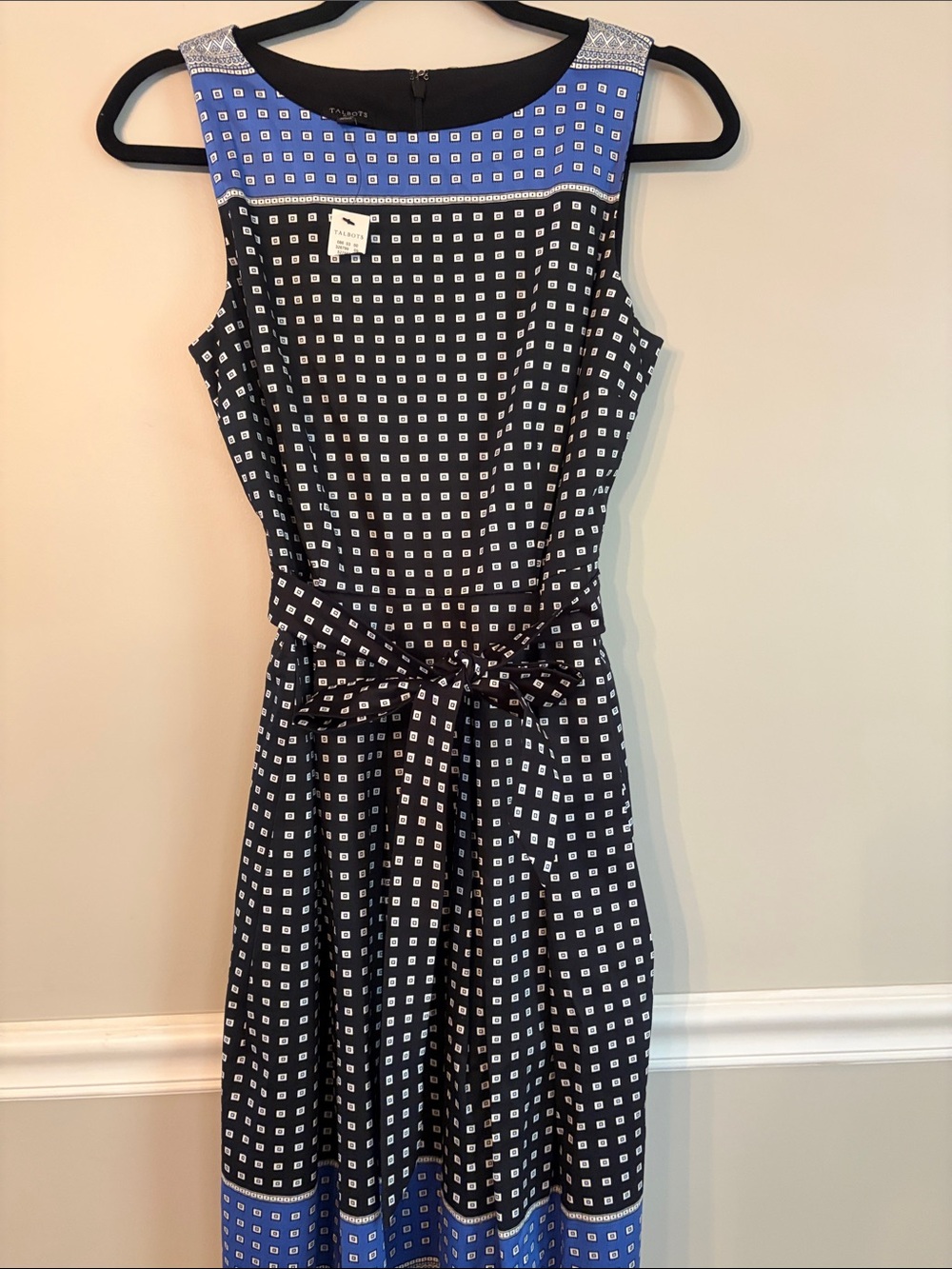 Talbots Black and Blue Sleeveless Printed Tie-Waist Dress